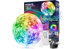 FGRYB Led Strip Light 15m RGB - Music Sync Colour Changing Led Lights for Bedroom with Bluetooth App & Remote Control Flexible Lighting for Home Rome Ceiling Decoration
