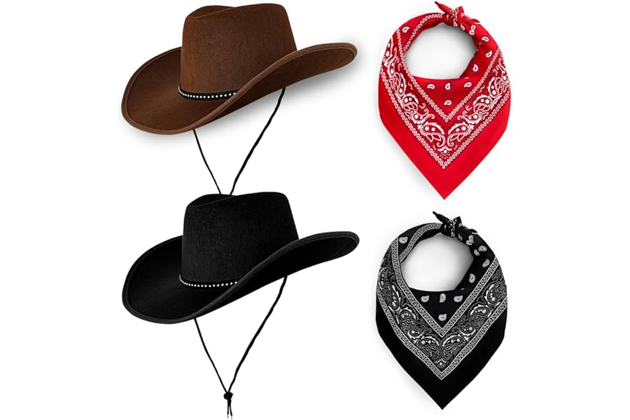 Cowboy Hats Pack of 2 Unisex Felt Western Hats & Bandanas Texas Texan Costume Accessories for Men, Women, Adults Wild West Fancy Dress Party