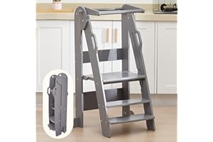 FUNLIO Sgabello pieghevole da cucina, torre per bambini da 2 a 6 anni regolabile in altezza a 3 livelli, torre montessoriana per bambini per l'apprendimento, approvata dal CPC - Grigio