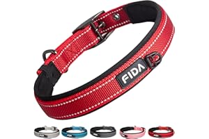 Fida Wyściełana obroża dla psa, odblaskowa, mocna obroża dla psa z dwuwarstwową taśmą, regulowana wytrzymała obroża dla psa z metalową klamrą dla średnich psów, czerwona