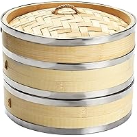 Harcas 8 Inch (20.5cm) Premium Organic Bamboo Steamer Small 2-Tiers with Lid. Strong, Durable and Reinforced. Best for Dim Su