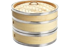 Premium 8 Inch (20.5cm) Organic Bamboo Steamer by Harcas. Small 2-Tiers with Lid. Strong, Durable and Reinforced. Best for Dim Sum, Vegetables, Meat and Fish. Hand Made