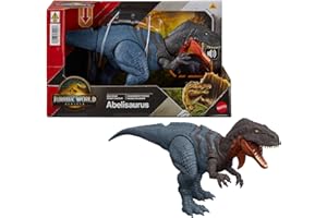 Mattel Jurassic World: El Renacer, Abelisaurio Rugido salvaje Juguete de dinosaurio articulado con ataque de mordisco en múltiples direcciones y sonido controlado con la cola, juego digital, JGB91