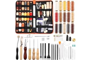KUPPT Set di strumenti in pelle, set di strumenti di lavoro in pelle, set da cucito in pelle con filo di cera 15 colori, punzone a punta, scanalatore, punteruolo, custodia