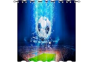 YUANZU Football Theme Curtains, Blue Sea Bottom Soccer Sports Field 3D Patterns Eyelet Thermal Insulated Printed Curtains for Kids Bedroom Playroom, Set of 2 Panels W168cm (66") x D183cm (72")