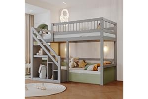 ‎JOVIFY Children's Bunk Bed 90 x 200 cm, Bunk Bed with Stairs and Storage Cabinet, Multifunctional Bed, Single Bed, Bunk Bed, Play Bed, Children's Bunk Bed, Youth High Bed, Solid Wood, Without Mattress, Grey