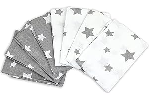 ‎FENSILO FENSILO - Mulltücher - 8er Pack 60x80 cm – Mullwindeln, schadstoffgeprüft - Grau - Wit- Sterne – Spucktücher Baby