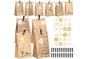 WORIC Kalendarz adwentowy do napełniania na rok 2025, 24 papierowe torebki brązowe, z naklejkami z liczbami 1-24 i drewnianymi klamerkami, kalendarz adwentowy do samodzielnego wykonania, dla dorosłych