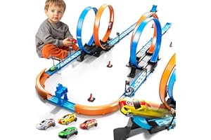KUKUFUN Toy Car Track Set for Boys Kids Age 3-5 4-7 8-12, Long Race Tracks with 4 Action Loops and 4 High-Speed Slot Cars, 35+ Pieces of Race Track to Create Multiple Configurations
