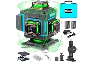 KEZERS Laser lignes croisées vert 4x360°, Niveau laser autonivelant 16 lignes, Laser croisé avec écran, télécommande, support mural, socle élévateur, IP54 pour l'intérieur et l'extérieur Chantier