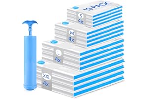 TORVEN Worki próżniowe na ubrania, kołdry, 16 sztuk worków próżniowych (4 x 100 x 80 cm + 4 x 80 x 60 cm + 4 x 60 x 40 cm + 4 x 50 x 30 cm) worki próżniowe do ubrań, z pompką ręczną