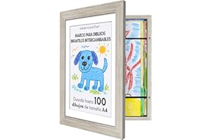 Americanflat Marco Dibujos Infantiles A4 - Madera a la Deriva - Cuadro de Almacenamiento para Niños para 100 Unidades, Proyectos de Arte, Puzzles y Fotos - Madera Compuesta con Vidrio Resistente