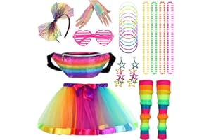 Aleshime 80s Fancy Dress Costumes Accessories for Women Girls, 1980s Fancy Party Costume Accessories Set Kits, Tutu Skirt Waist Bag Leg Warmers Necklaces Bracelet Fishnet Gloves Headband Earrings