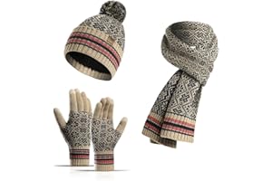 INSISMY Hat Scarf Gloves Set Women's Beanie Hat Long Scarf Thermal Touch Screen Gloves Set 3 PCS Soft Warm Winter Knitted Snowflake Pattern Retro Pom Cap Set for Ladies Men