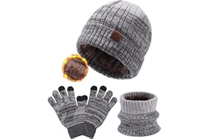 WELROG Kinder Wintermütze Schal Handschuhe für Jungen Mädchen Winter Mütze Schals Set für Kinder 4-15 Jahre Kindermütze Outdoor-Mützes