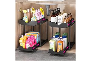 PurKeep 2Pack Under Sink Storage - 2 Tier Sliding Kitchen Storage Under Sink Shelf, Under Cabinet Drawer Organizer with Hooks, for Bathroom Kitchen Countertop, Black