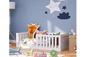 Bellabino Tapi Kinderbett 70x140 cm, Montessori Bodenbett inkl. Rausfallschutz und Lattenrost für Jungen und Mädchen aus Kiefer Massivholz weiß lackiert