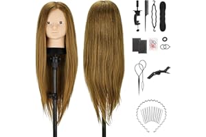 TwoWin Hairdressing Training Head, 24" 80% Real Hair Make-upable Mannequin Head, Wig Styling Head with Clamp and DIY Braiding Set (Light Brown)