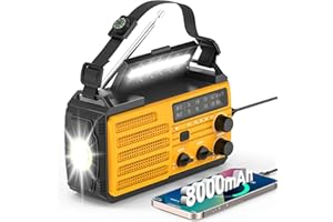 GRACIOSO Wind Up Radio Solar Torch,8000mAh Battery Radio Portable AM/FM Radio with USB Mobile Phone Hand Crank Charger,LED Flashlight,SOS Alarm,Compass,Survival Equipment,Emergency Camping Outdoor Dynamo Radio