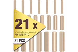 5 PLUS 5Plus 21 Pcs Assorted Wooden Dowels – M6, M8, M10 Hard Wood Grooved Fluted Pins for Furniture, Woodworking, and Craft Projects (6mm, 8mm, 10mm)