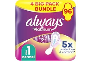 Always Platinum Extra Comfort Sanitary Towels, Size 1, Normal, Light Flow, 96 Pads With Soft Wings (24 x 4 Packs) SAVING PACK, Leak Protection, Micro Cushions, Fit&Flex Core, Odour Neutraliser