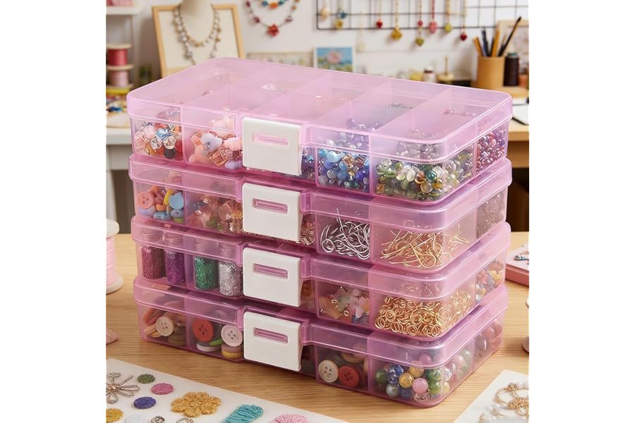 4 Pack 40-Grid Plastic Organizer Boxes: Waterproof Stackable Storage for Jewelry, Crafts, Nails & Fishing Tackle. Portable Hardware Parts Holder.（Pink）