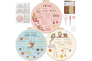 UXORSN 3 Sets Stickset für Anfänger Stickerei Set Sticken Set Erwachsene Lernen 30 Verschiedene Stiche Embroidery Starter Kit Kreuzstich-Kit mit Druckmuster Fäden Nadeln Stickrahmen Videolehrgang