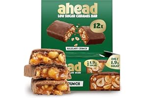 ‎AHEAD ahead Hazelnut Caramel Schokoriegel | 12x 35g Schokoriegel ohne Zuckerzusatz | 1,9 g Zucker pro Riegel | Knusprige Haselnüsse & Karamellgeschmack | Low Carb Süssigkeiten Ohne Palmöl