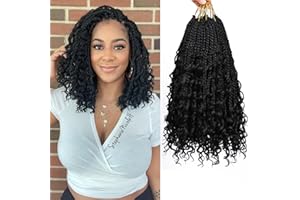 FIRSTCYH HAIR Boho Box Braids Crochet Hair with Curly Hair Pre Loop Long Black Messy Goddess Box Braids Extensions de cheveux pour femmes noires (35.56 cm (Lot de 8), 1B#)
