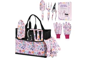 Velway 5-częściowy zestaw narzędzi ogrodowych – prezent dla mamy z torbą i rękawiczkami, narzędzia ogrodowe z kwiatowym wzorem, idealny prezent ogrodowy dla kobiet, na Dzień Matki, urodziny, Boże