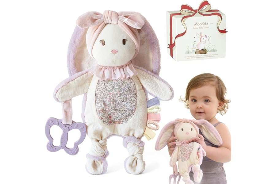 Moonkie Baby Comforter, Bunny Security Blanket with Silicone Teether, Newborn Girl Gifts for Baby Shower & Birthday, Cuddly Toy with Textured Ribbons, Crinkle Ears, Soft Minky Velour & Natural Cotton
