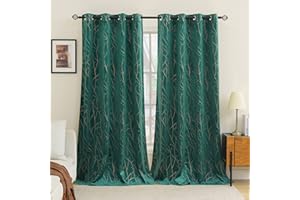 EMEMA Dark Green Velvet Curtains Branch Pattern 54 Inch drop Curtain Pair Eyelet Room Drapes for Living Room Kids Bedroom Nursery 46" W x 54" L 117x137 cm 2 Panels