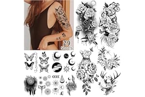Acevegue 29 Fogli Tatuaggi Finti Donne, Tatuaggi Temporanei Donna Adulti Impermeabili, Tatuaggi Fiore Nero Pelle Tatuaggio Corpo Trucco