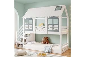 ‎MERAX Merax Etagenbett 90x200cm, Kinderbett Hochbett für 2 Kinder, Baumhausbett mit Rausfallschutz & Lattenrost, Hausbett mit Dach & Fenster, Platzsparendes Stockbett mit Stauraumtreppe, Jugendbett, Weiß