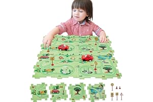 SGILE Puzzle STEM de Construction de Route 16 PCS, Jeu de Société Enfants de 3ans et +, Course Logique avec Voiture Mignonne, Jeu d'apprentissage Précoce pour Garçons Filles 3-7 Ans Cadeau(Forêt)