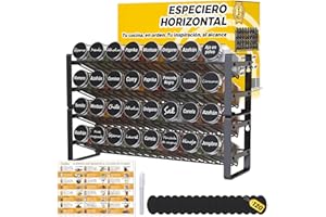 LA FÁBRICA DE INVENTOS Organizador Especias Horizontal con 32 Frascos + 120 Etiquetas - Especieros para Cocina de Metal, Montaje en Pared o Encimera - Sistema Modular 2 Niveles - Incluye Rotulador Blanco + Recetario