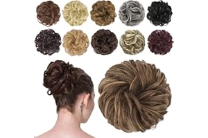 FESHFEN Chignon Postiche Cheveux Extensions Bouclés Ondulés Naturel Synthétique Chouchou Postiche de Cheval Faux Chignon Elastique pour Femme, 42g Marron Cendré Clair et Marron Doré