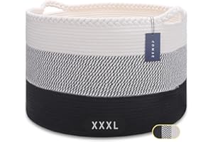 COMSE Extra Large Blanket Basket, Woven Laundry Basket, 55 x 35 CM, Nursery Hamper, Cotton Rope Laundry Hamper Living Room for Storage Toys Clothes Towels, White/Gray/Black