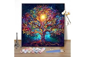 MEIYUDA Peinture par Numero Adulte, Arbre de vie Coloré DIY Peinture à l'huile par Numéros sur Toile Artisanat avec Pinceaux Peintures Acryliques, Decoration Maison Cadeau 40x40cm(sans Cadre)