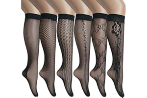 ANDIBEIQI 6 par damskich skarpet do kolan ze wzorem kabaretki czarne jeden rozmiar czarne, Czarny-02, rozmiar uniwersalny