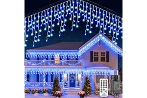 PBGMRT Guirlande Lumineuse Exterieur, Rideau Lumineux Noel 10+5m - IP65 Étanchéité, 8 Modes (Bleu-Blanc), Télécommande, Minuterie - Décoration Jardins, Maison​