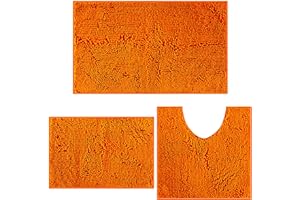 DTXDTech Bathroom Mat, Non Slip Bathroom Mat Sets 3 Piece, Chenille 20 * 32inch, 16 * 24inch Bath Rug and 20 * 20inch U Shape Toilet Rug, Soft and Absorbent Bath Rug Set for Bathroom, Bedroom(Orange)