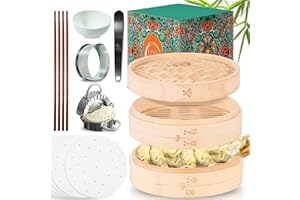 COOL DESIGN - Vaporera bambu para pan bao - Incluye: vaporera de bambu 2 alturas + 4 palilos 12 revestimientos + cuchara + molde dumplings - Bambú 100% natural - cocina al vapor - diseño ranurado