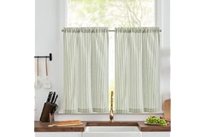 TOPICK Green Striped Kitchen Curtains 36 Inch Drop, Rod Pocket Cafe Curtains, Light Filtering Short Curtain Tier 2 Panels for Bathroom, Cupboard Base, Sink, Basement, Half Window, W 26 x L 36 Inch