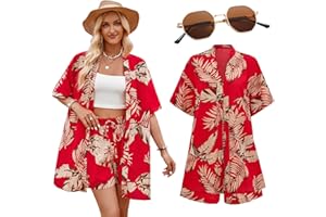 Marypaty Camisa Hawaiana Mujer Camisa de Playa Camisas Causal de Verano para Mujer Pantalones Cortos Conjunto Gafas de para El Sol