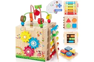 Bravmate Aktivitätswürfel aus Holz | 8-in-1 Montessori-Spielzeug für 18 Monate + Kleinkinder, EIN Jahr alt, erster Geburtstag, Babyspielzeug-Set mit Bonus-Sortier- und Stapelbrett