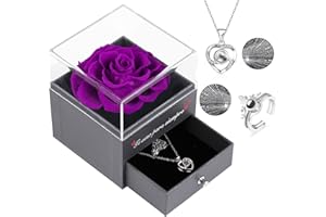 EAPRALA Te Amo para Siempre Regalo Original Mujer,Rosa Preservada Real con Anillo y Collar de Corazón con Te Amo en 100 Idiomas, Rosa Eterna para el Día de San Valentín Aniversario Cumpleaños