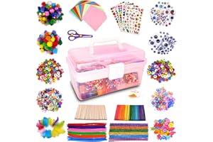 obqo 1000+ Pcs Kids Craft Box Kit, Toddler Arts and Crafts for Kids Includes Pom Poms, Pipe Cleaners, Feather, Folding Craft Box - All in One DIY Craft Set(Pink)