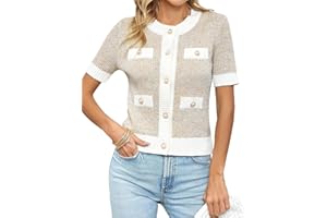 Imily Bela Chaquetas de Punto Para Mujer Manga Corta Botón Abajo Jersey Cropped Cuello Redondo Ligero Tops Elegantes Con Bolsillos