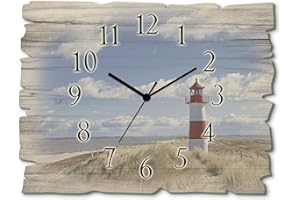 ‎ARTLAND ARTLAND Wanduhr ohne Tickgeräusche aus Holz Funkuhr 40x30 cm Rechteckig Lautlos Strand Meer Leuchtturm Nordsee Sylt Maritim T9ML